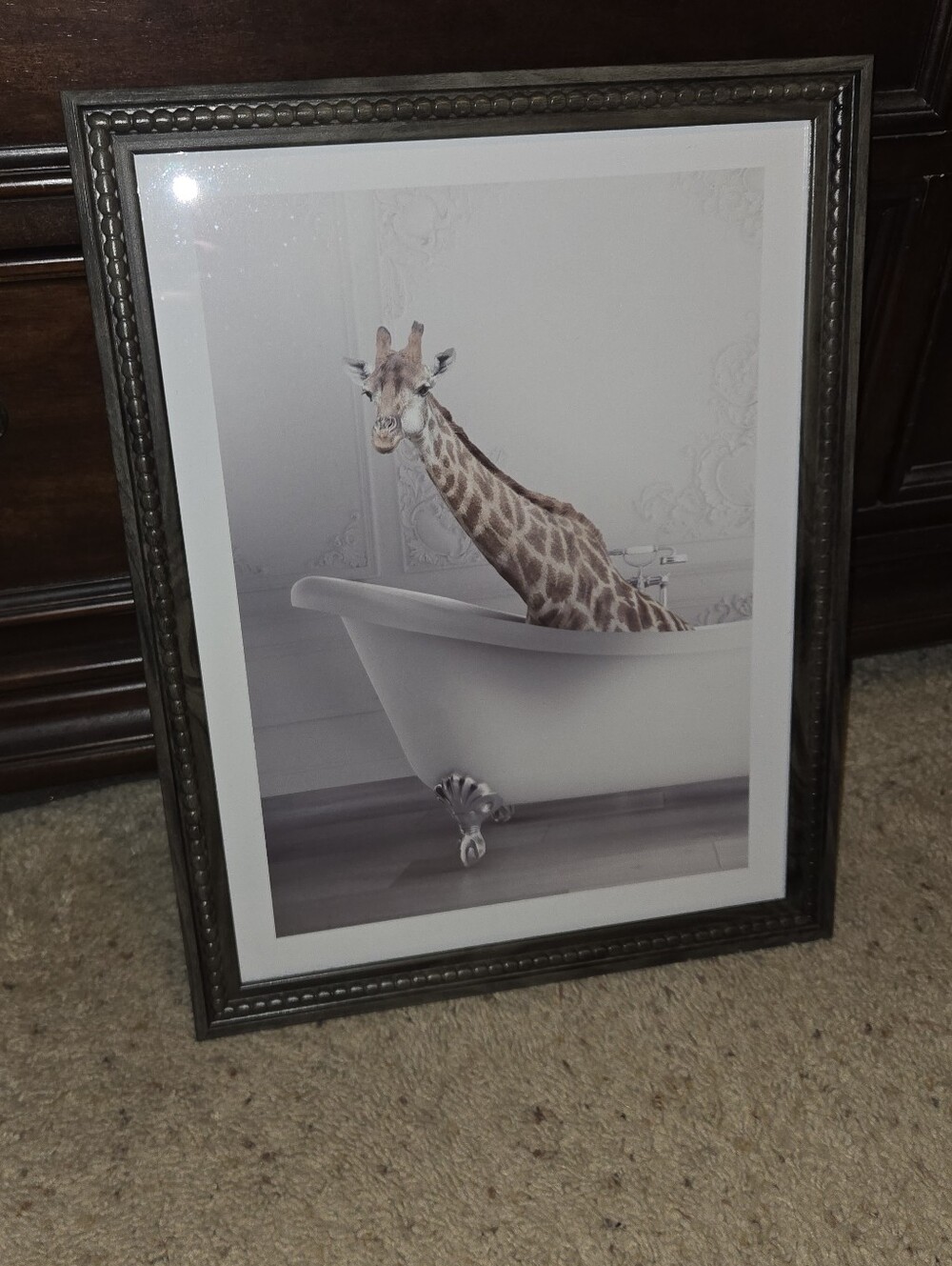 Framed Giraffe in Bathtub Wall Art 14x18